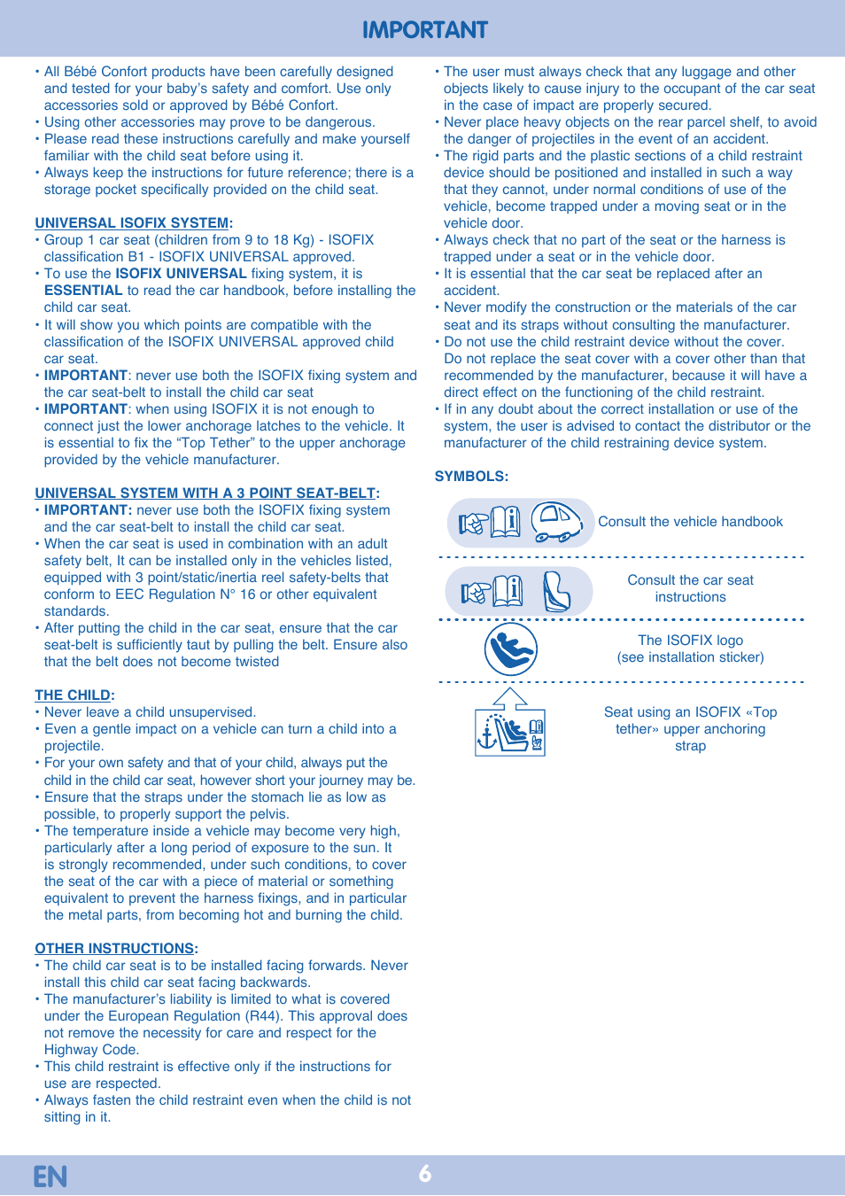 6important | Bebe Confort Iseos IsoFix User Manual | Page 6 / 40