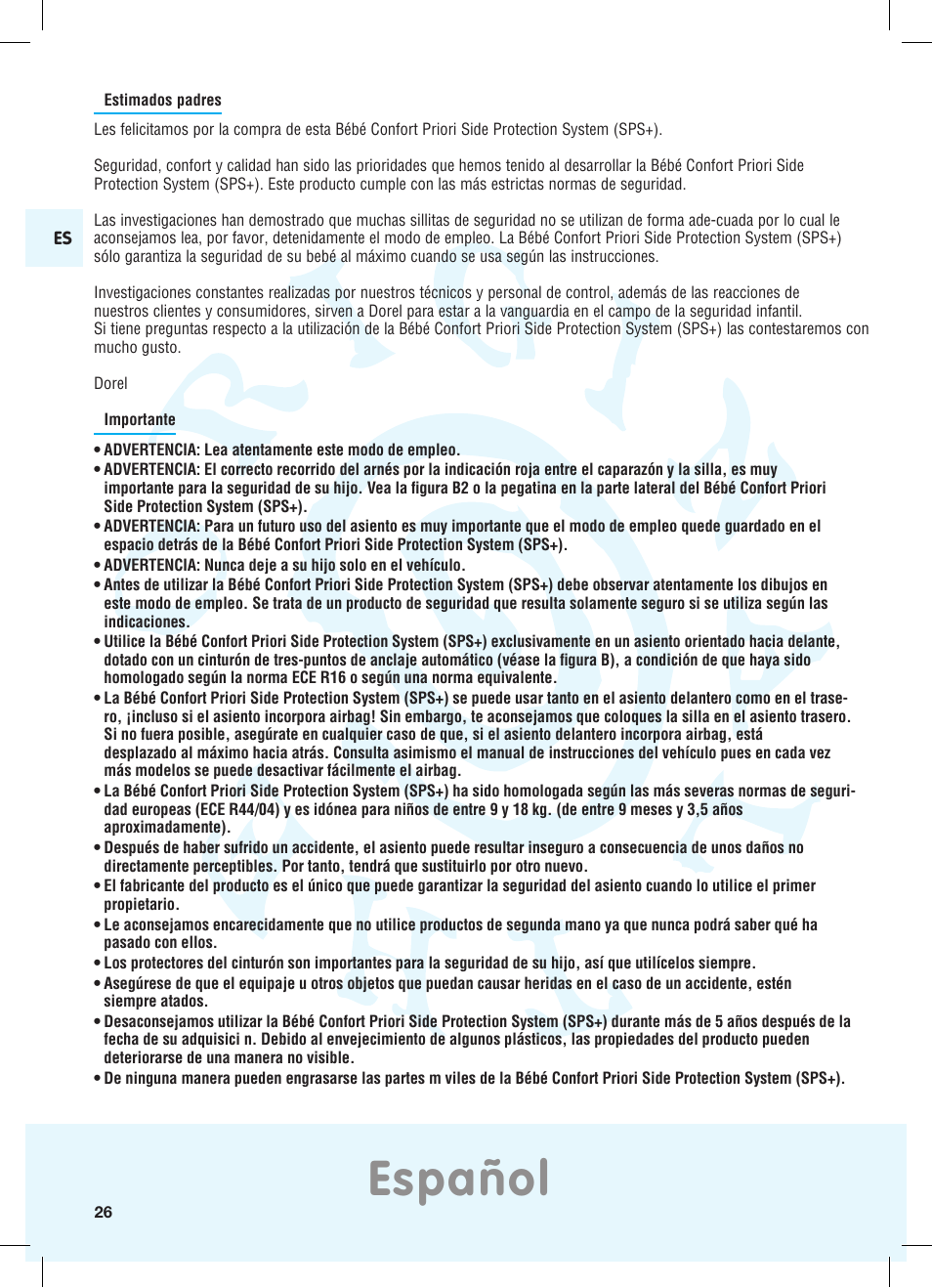 Español | Bebe Confort Priori SPS User Manual | Page 22 / 38
