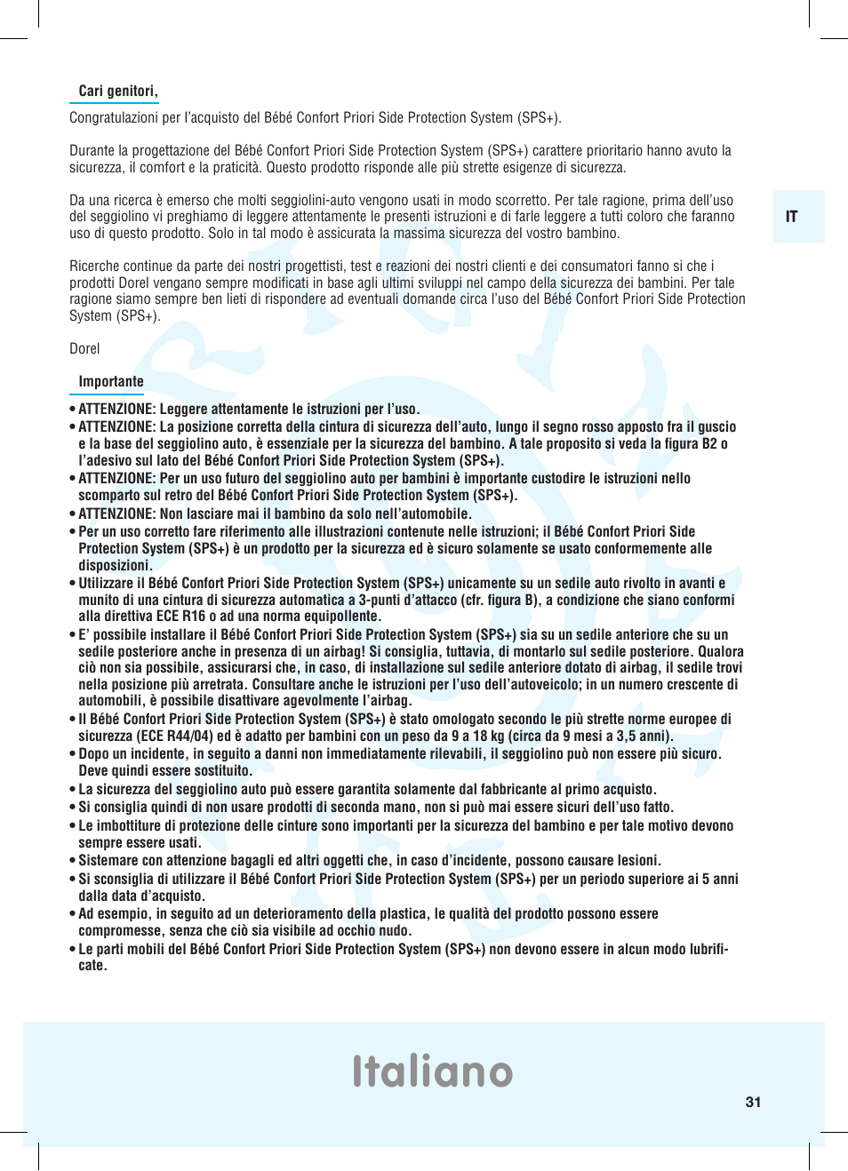 Italiano | Bebe Confort Priori SPS User Manual | Page 27 / 38