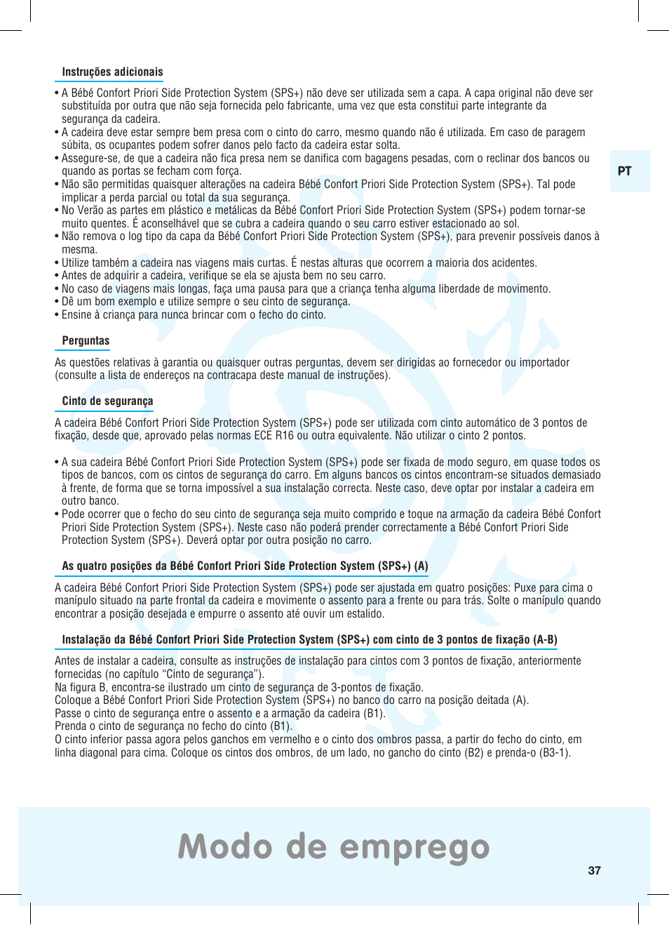 Modo de emprego | Bebe Confort Priori SPS User Manual | Page 33 / 38