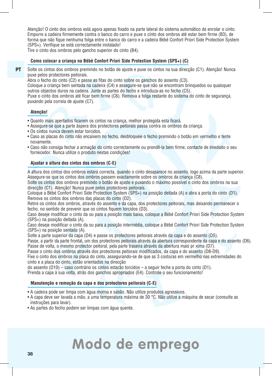 Modo de emprego | Bebe Confort Priori SPS User Manual | Page 34 / 38