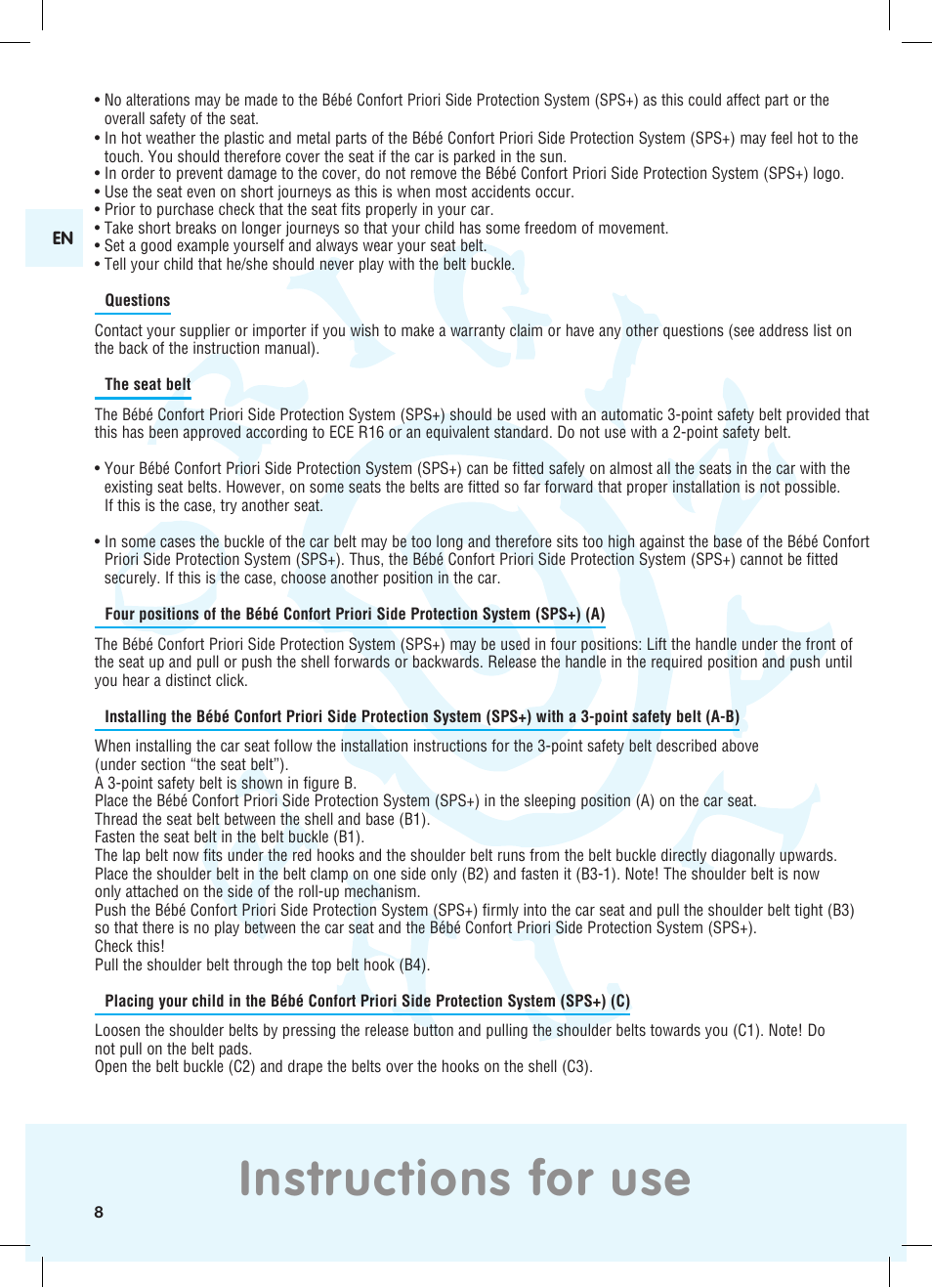 Instructions for use | Bebe Confort Priori SPS User Manual | Page 4 / 38