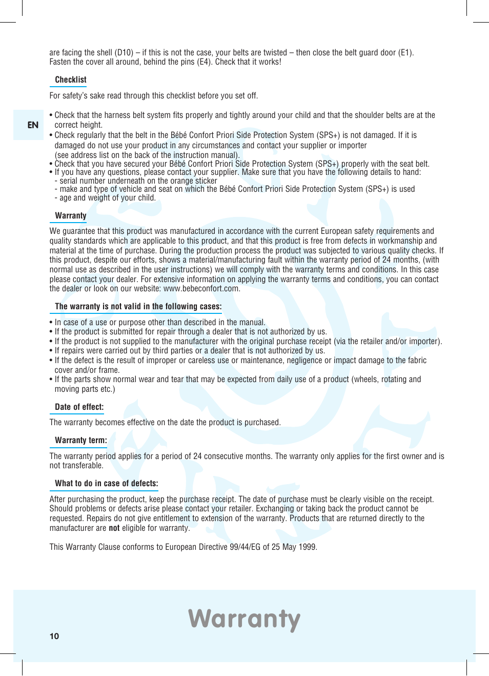 Warranty | Bebe Confort Priori SPS User Manual | Page 6 / 38