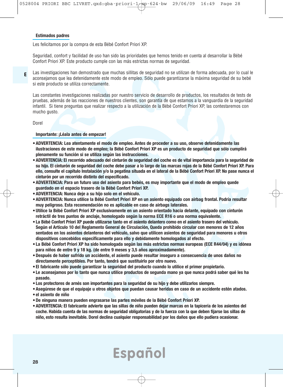 Español | Bebe Confort Priori XP User Manual | Page 24 / 42