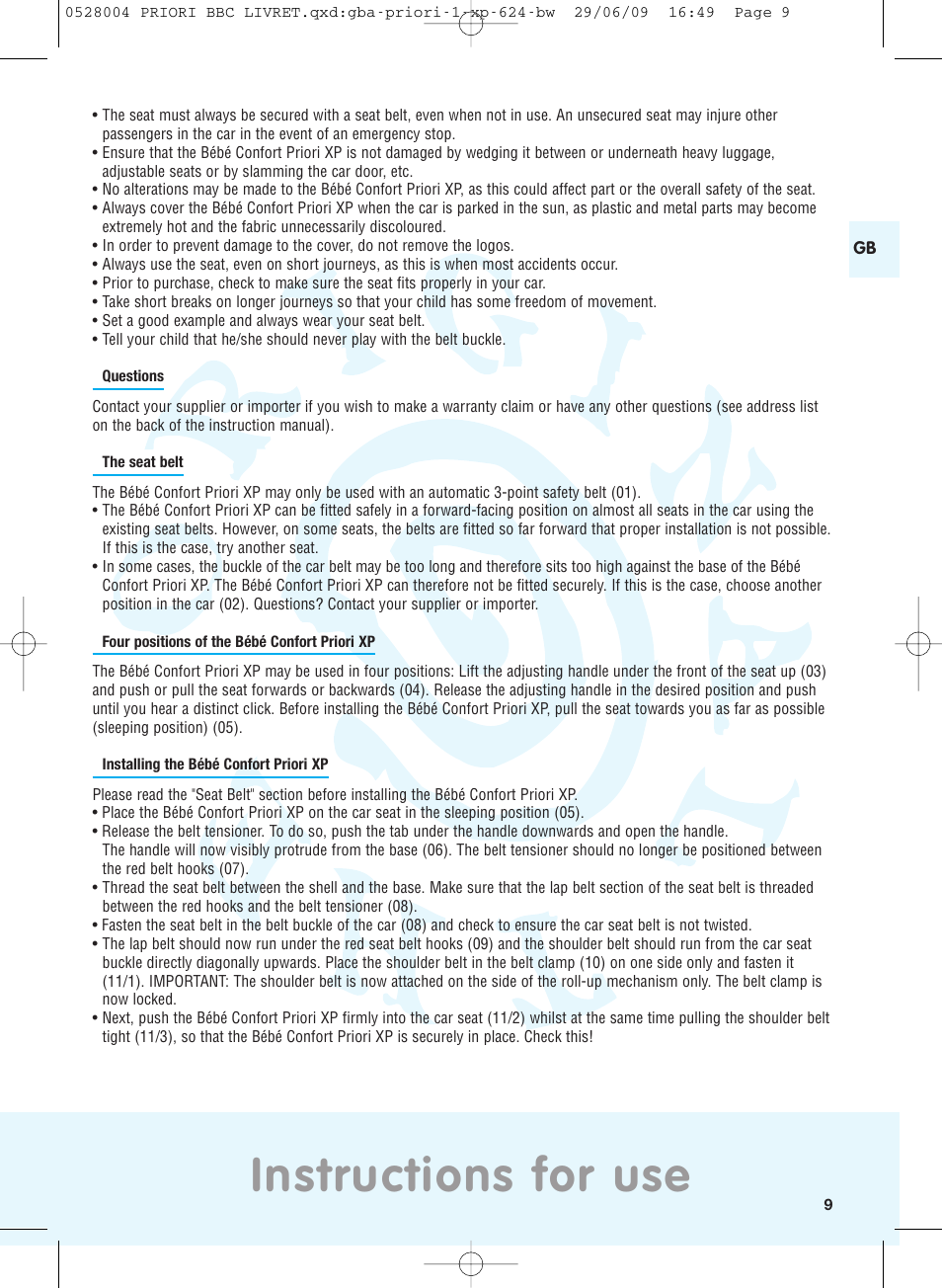 Instructions for use | Bebe Confort Priori XP User Manual | Page 5 / 42