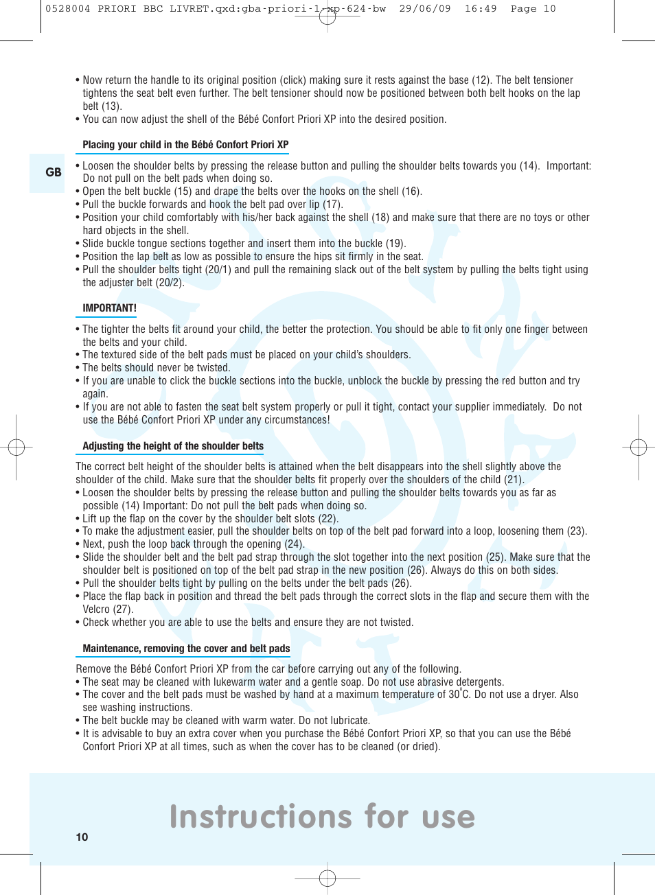 Instructions for use | Bebe Confort Priori XP User Manual | Page 6 / 42