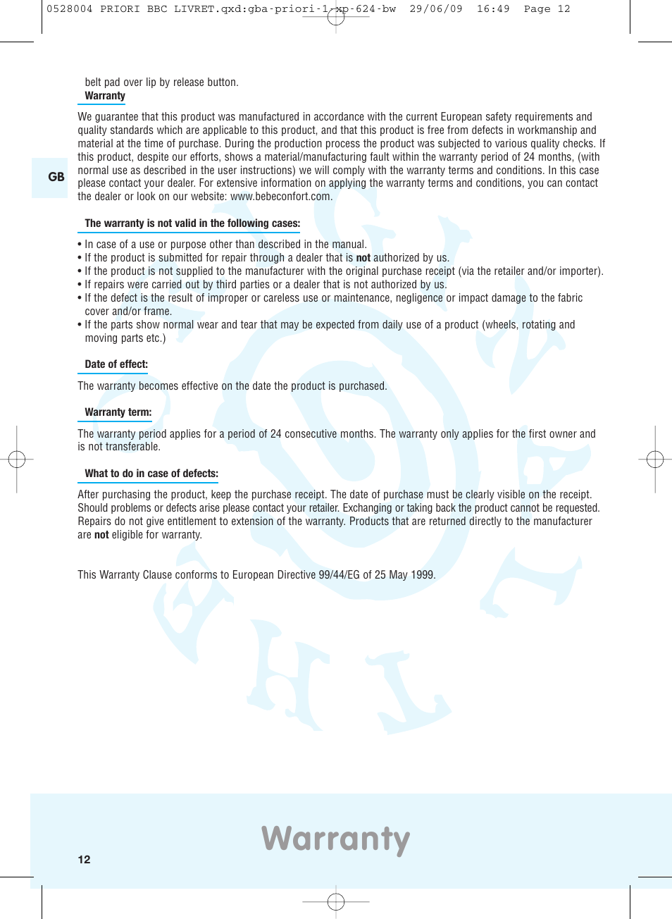 Warranty | Bebe Confort Priori XP User Manual | Page 8 / 42