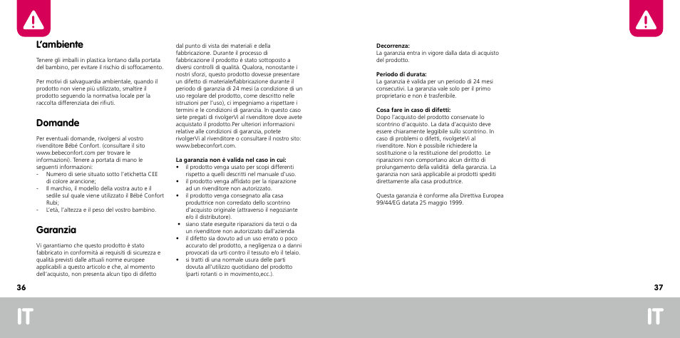 L’ambiente, Domande, Garanzia | Bebe Confort Rubi User Manual | Page 19 / 35