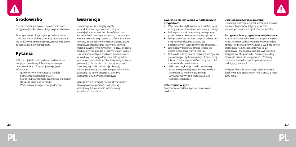 Środowisko, Pytania, Gwarancja | Bebe Confort Rubi User Manual | Page 25 / 35