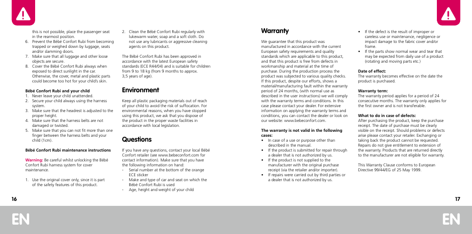 Warranty, Environment, Questions | Bebe Confort Rubi User Manual | Page 9 / 35