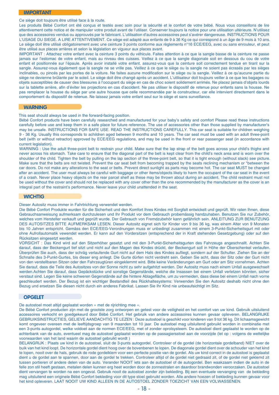 Opgelet wichtig, Important, Warning | Bebe Confort Trianos User Manual | Page 18 / 24