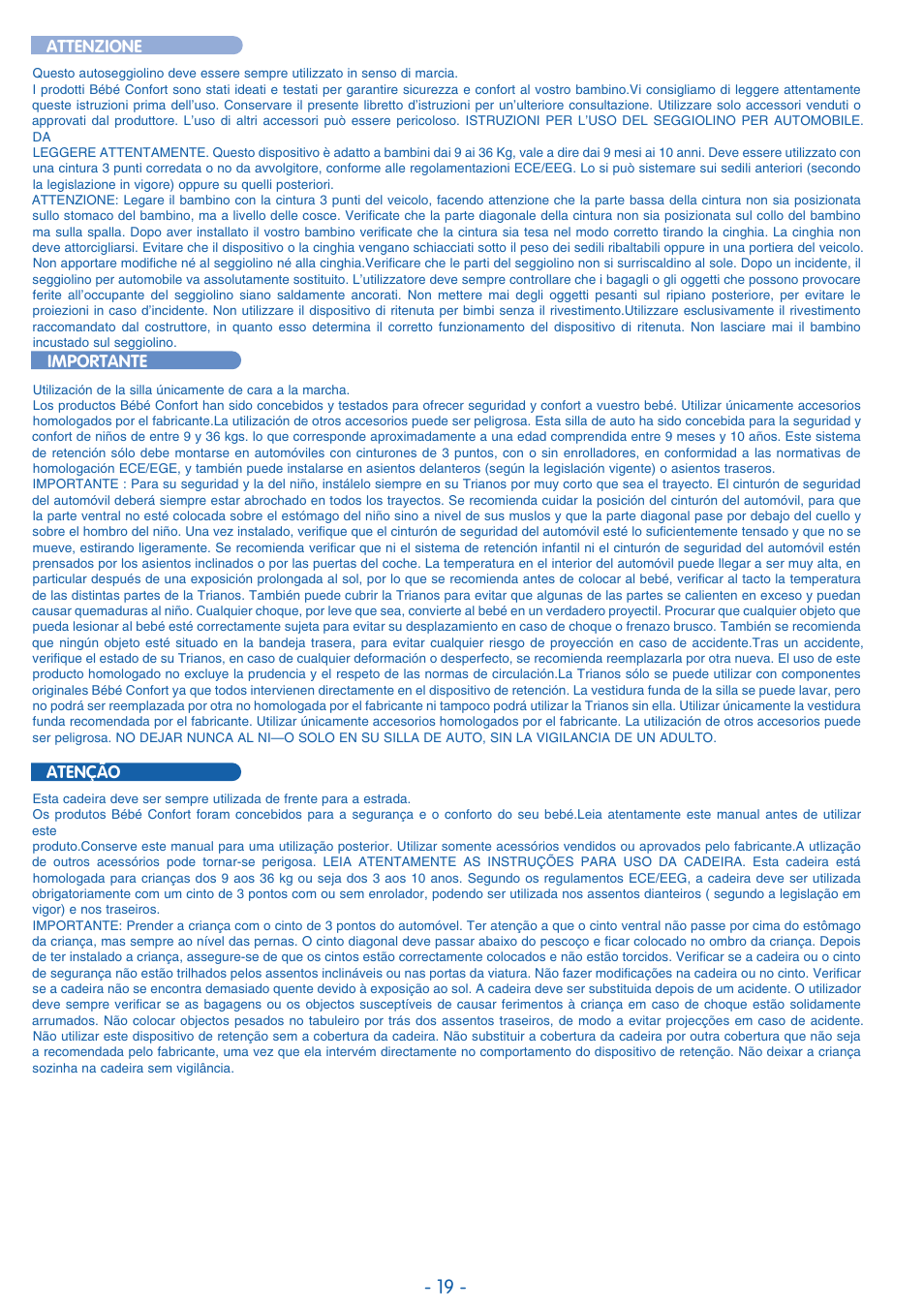 Atenção importante, Attenzione | Bebe Confort Trianos User Manual | Page 19 / 24