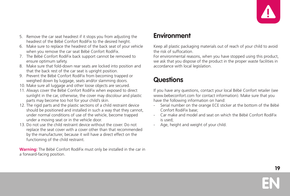 Environment, Questions | Bebe Confort RodiFix User Manual | Page 19 / 70