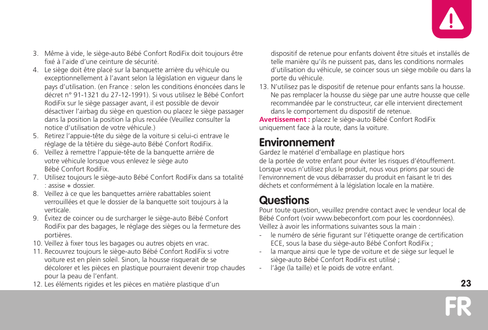 Environnement, Questions | Bebe Confort RodiFix User Manual | Page 23 / 70