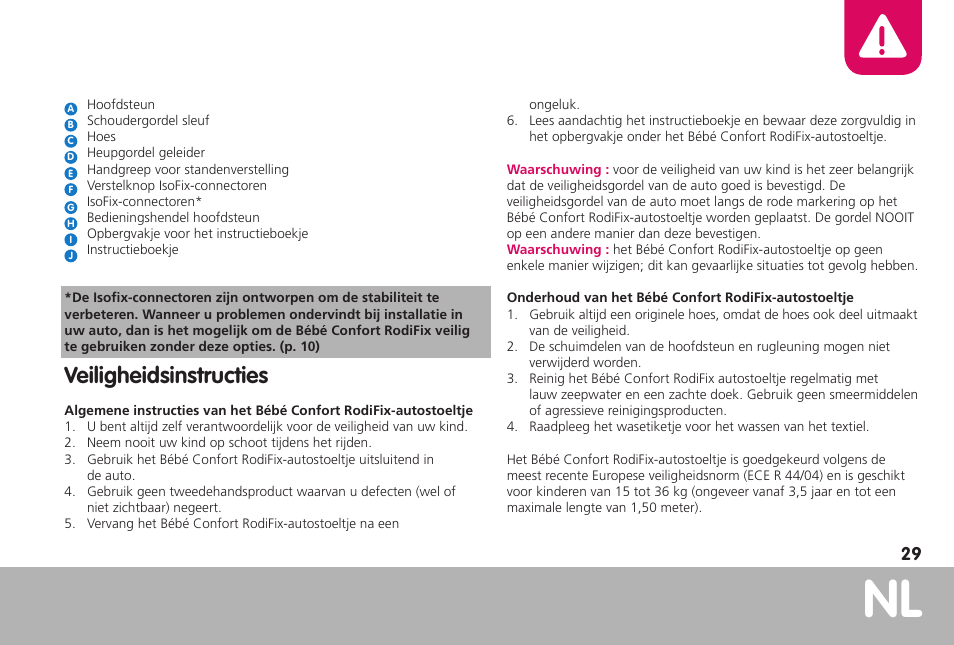 Veiligheidsinstructies | Bebe Confort RodiFix User Manual | Page 29 / 70