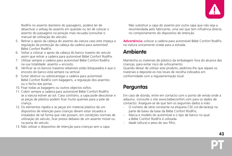 Ambiente, Perguntas | Bebe Confort RodiFix User Manual | Page 43 / 70