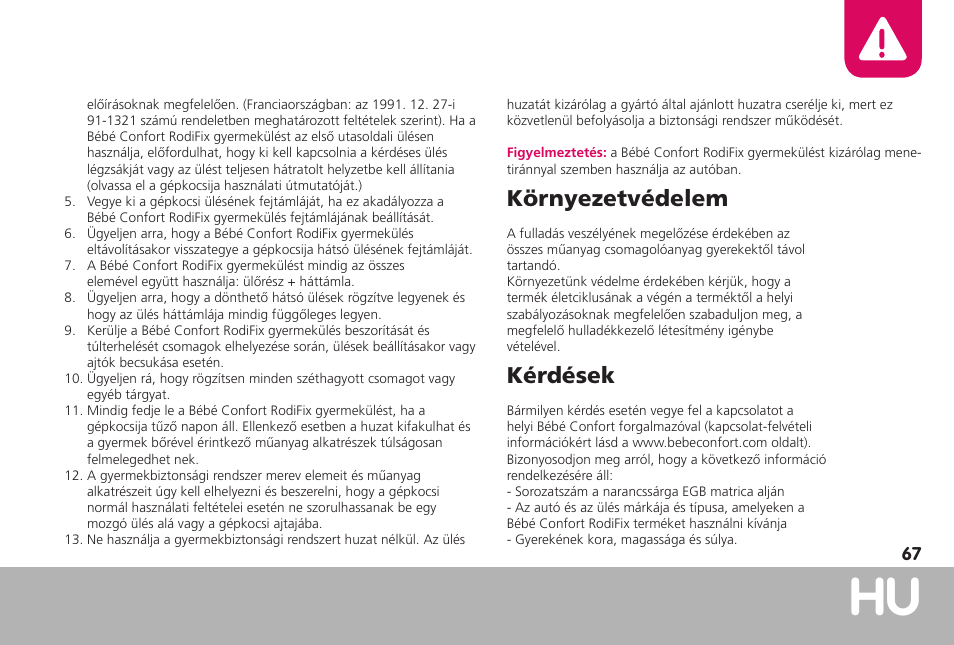 Környezetvédelem, Kérdések | Bebe Confort RodiFix User Manual | Page 67 / 70