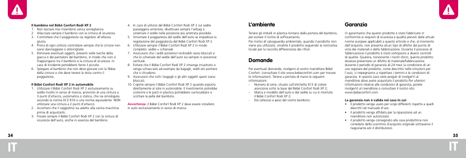 L’ambiente, Domande, Garanzia | Bebe Confort Rodi XP User Manual | Page 18 / 33