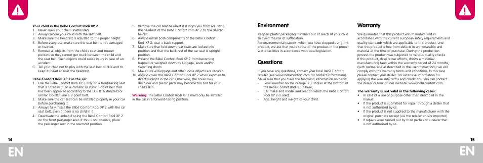 Environment, Questions, Warranty | Bebe Confort Rodi XP User Manual | Page 8 / 33