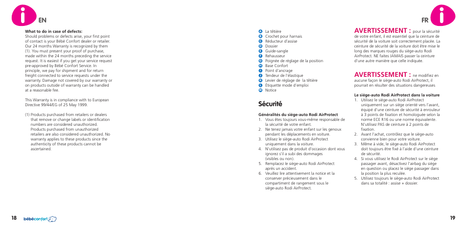 Sécurité, Avertissement, En fr | Bebe Confort Rodi AirProtect User Manual | Page 10 / 34