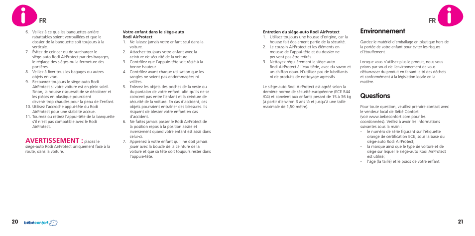 Environnement, Questions, Avertissement | Bebe Confort Rodi AirProtect User Manual | Page 11 / 34
