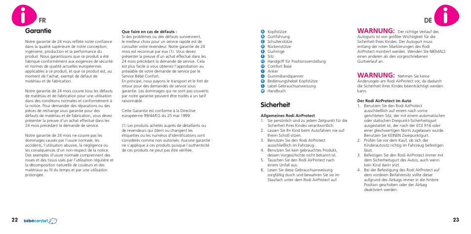 Sicherheit, Warnung, Garantie | Fr de | Bebe Confort Rodi AirProtect User Manual | Page 12 / 34