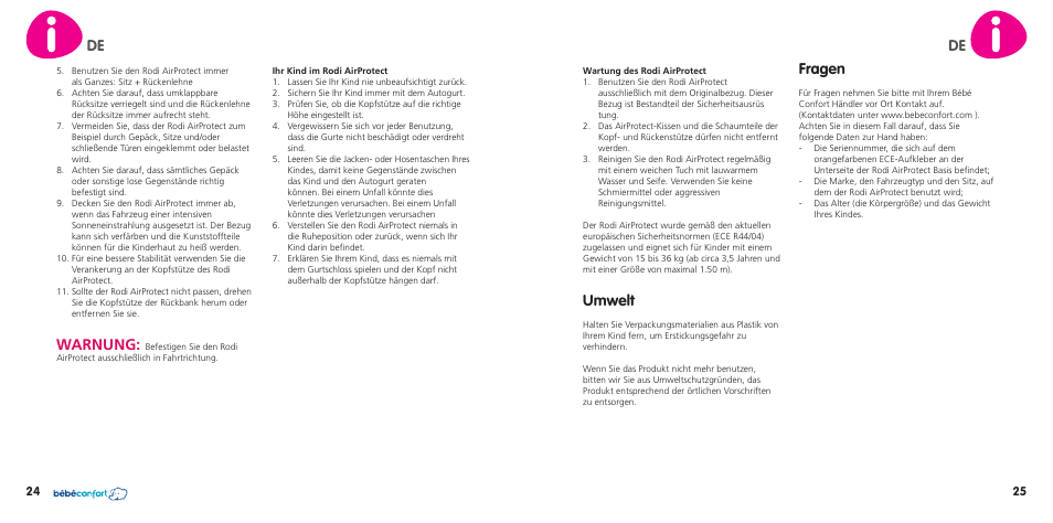 Umwelt, Fragen, Warnung | Bebe Confort Rodi AirProtect User Manual | Page 13 / 34