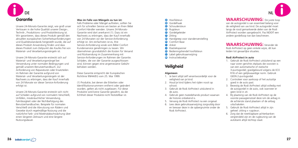 Veiligheid, Waarschuwing, Garantie | De nl | Bebe Confort Rodi AirProtect User Manual | Page 14 / 34