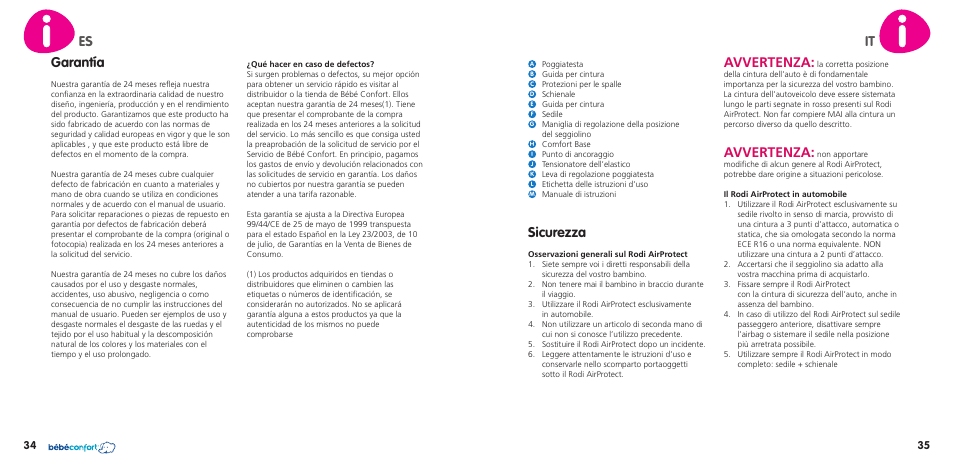 Sicurezza, Avvertenza, Garantía | Es it | Bebe Confort Rodi AirProtect User Manual | Page 18 / 34