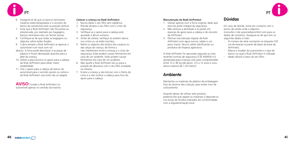 Aviso, Ambiente, Dúvidas | Bebe Confort Rodi AirProtect User Manual | Page 21 / 34