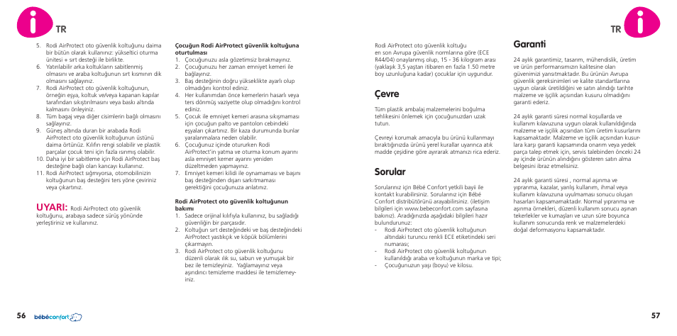 Uyari, Çevre, Sorular | Garanti | Bebe Confort Rodi AirProtect User Manual | Page 29 / 34