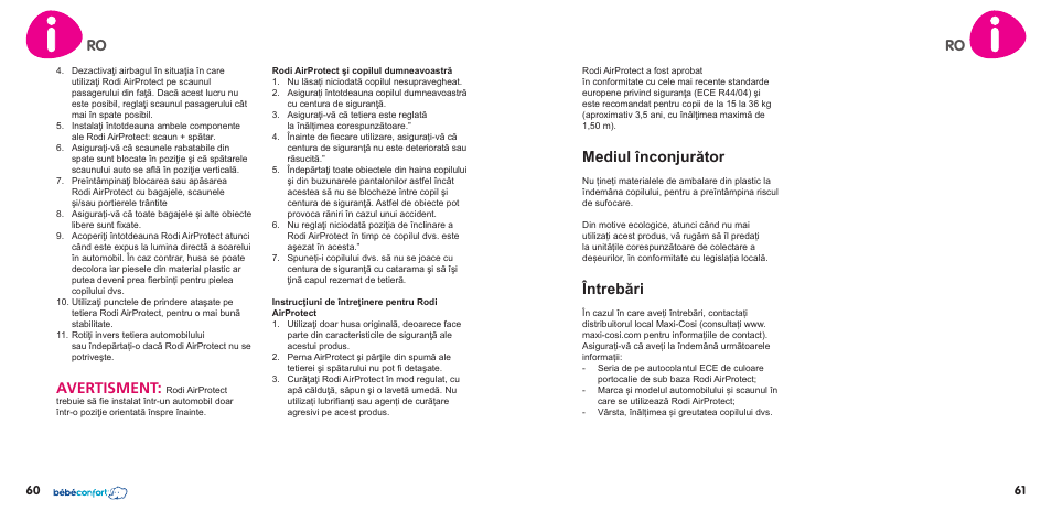 Avertisment, Mediul înconjurător, Întrebări | Bebe Confort Rodi AirProtect User Manual | Page 31 / 34