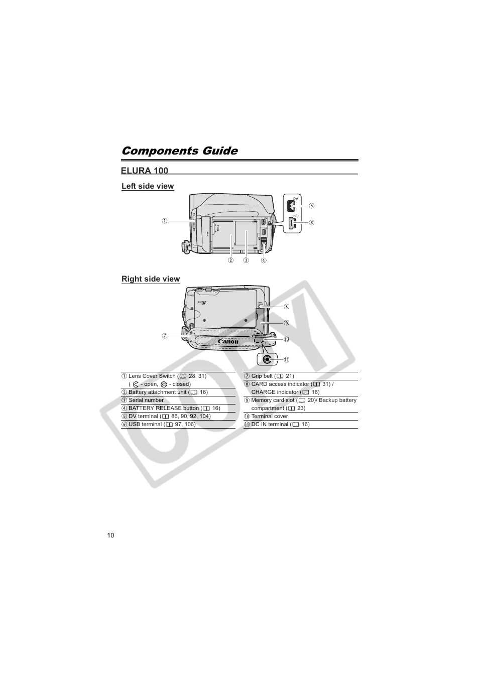 Components guide, Elura 100 | Canon Elura 100 User Manual | Page 10 / 132