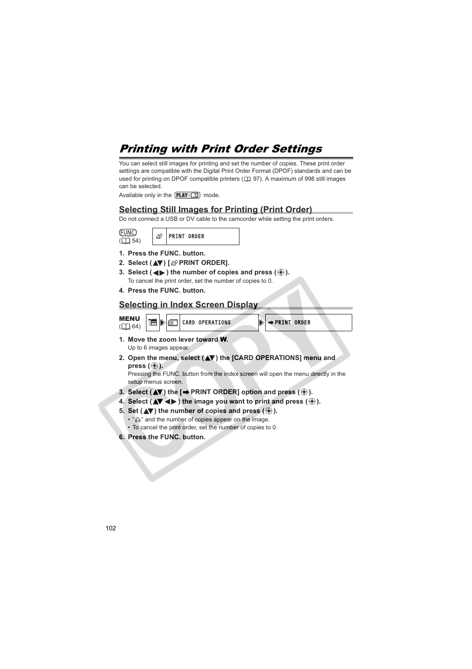 Printing with print order settings, Selecting still images for printing (print order), Selecting in index screen display | Canon Elura 100 User Manual | Page 102 / 132