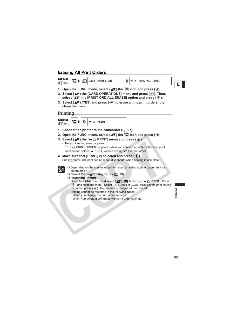 Eerasing all print orders, Printing | Canon Elura 100 User Manual | Page 103 / 132