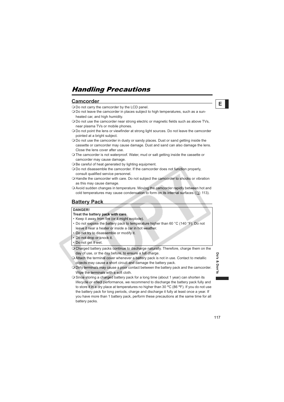 Handling precautions, Camcorder, Battery pack | Canon Elura 100 User Manual | Page 117 / 132