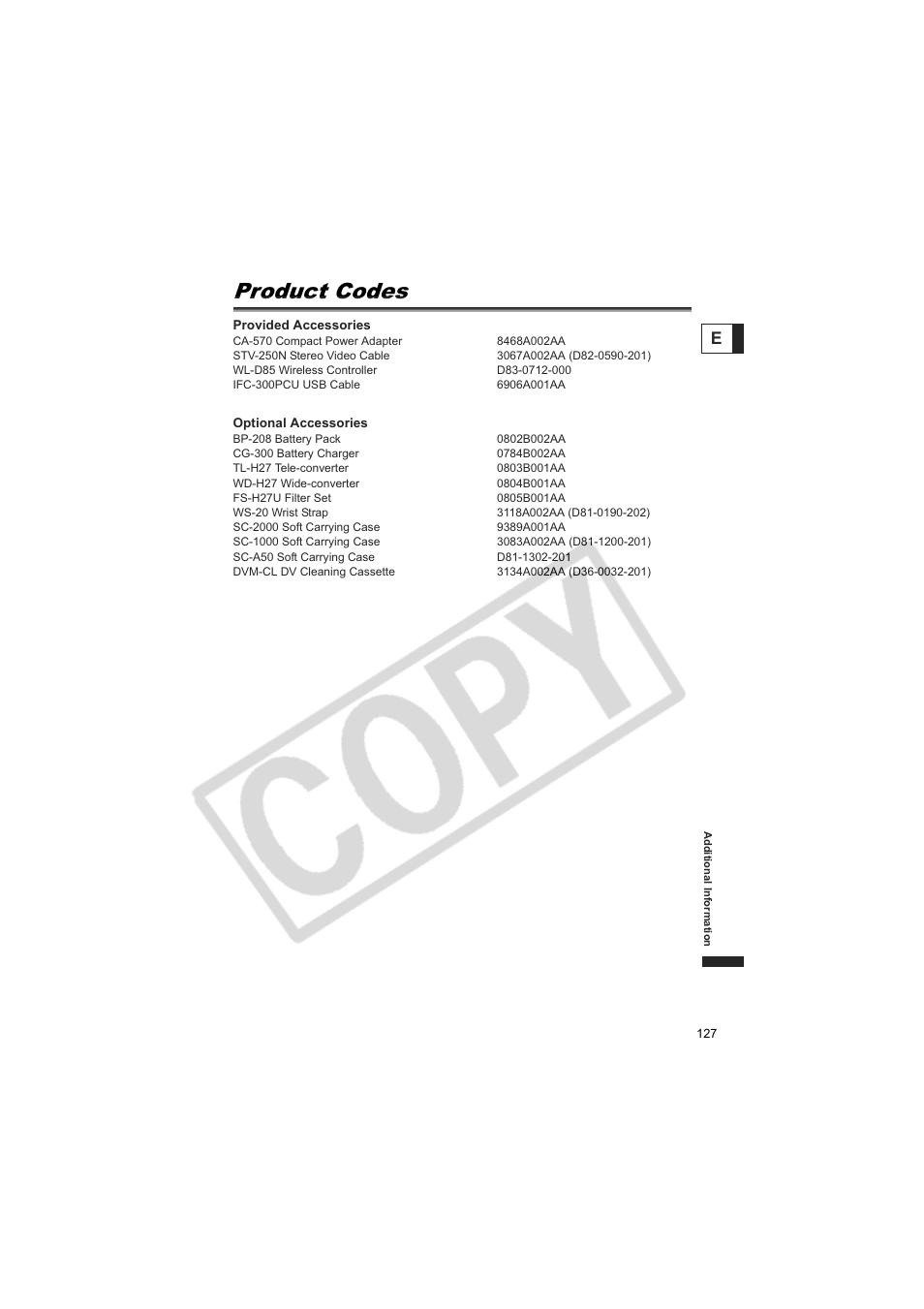 Product codes | Canon Elura 100 User Manual | Page 127 / 132