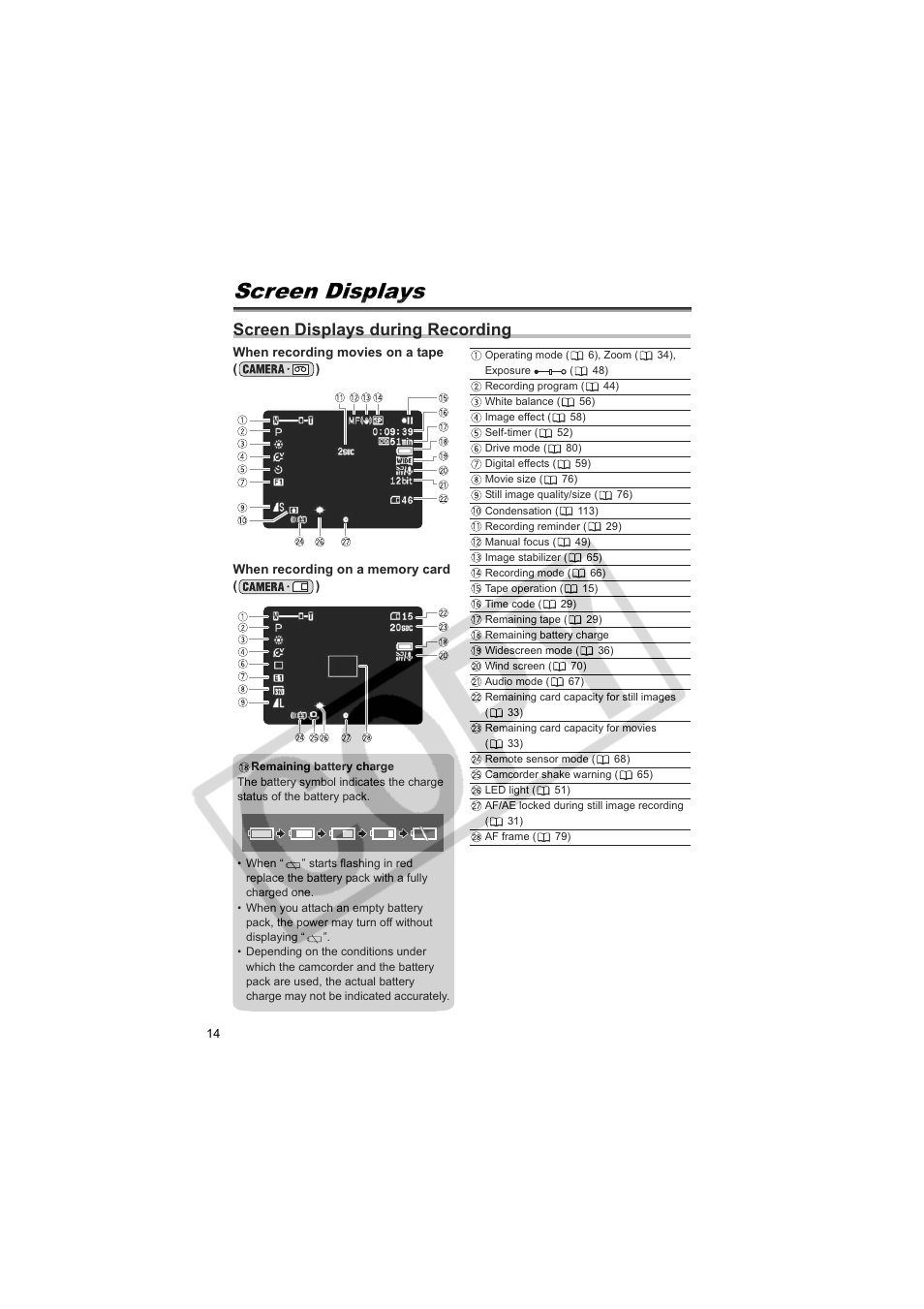 Screen displays, Screen displays during recording | Canon Elura 100 User Manual | Page 14 / 132