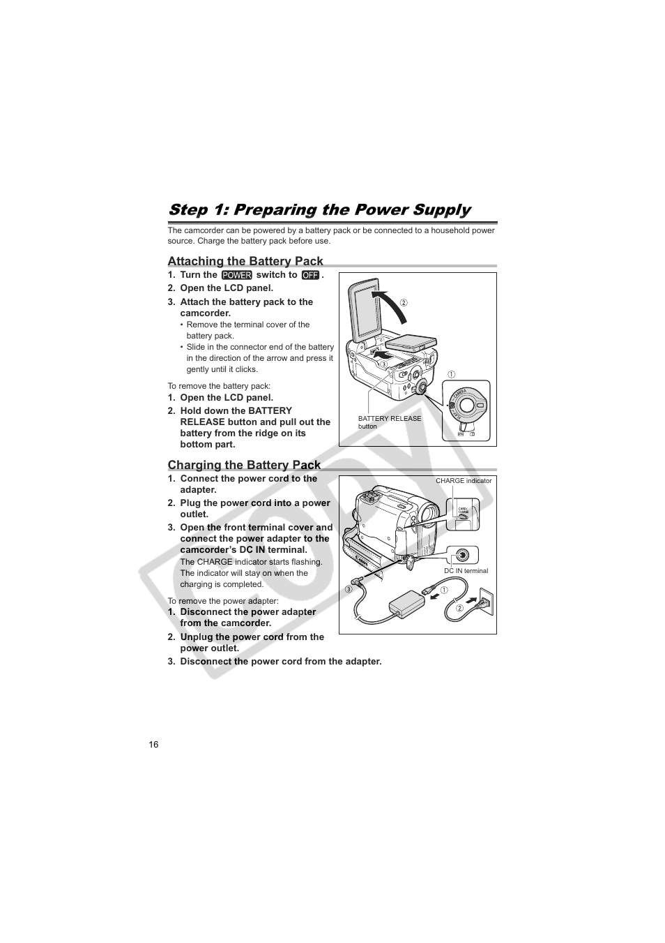 Step 1: preparing the power supply, Attaching the battery pack, Charging the battery pack | Canon Elura 100 User Manual | Page 16 / 132