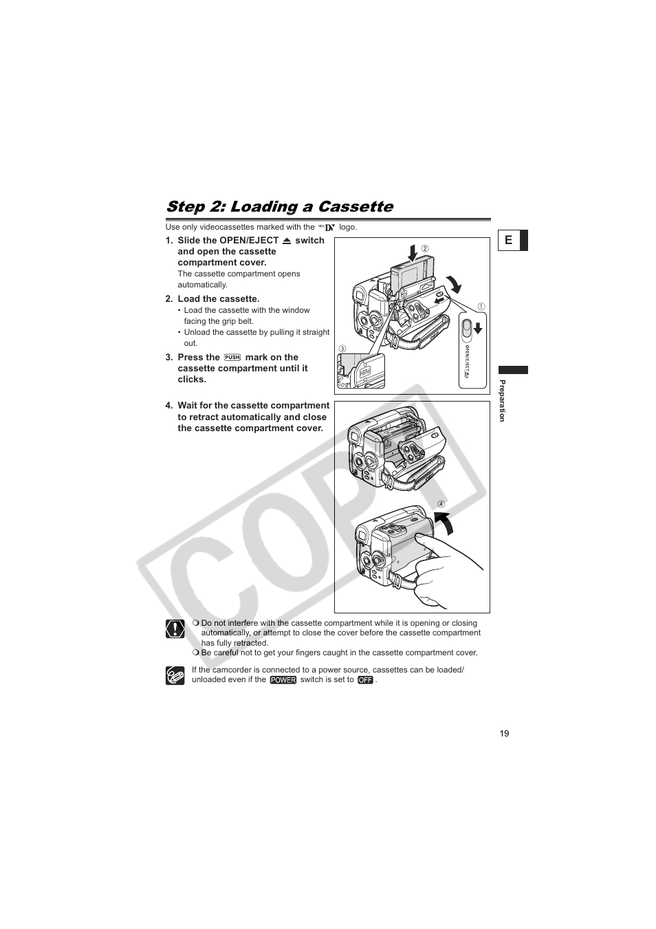 Step 2: loading a cassette | Canon Elura 100 User Manual | Page 19 / 132