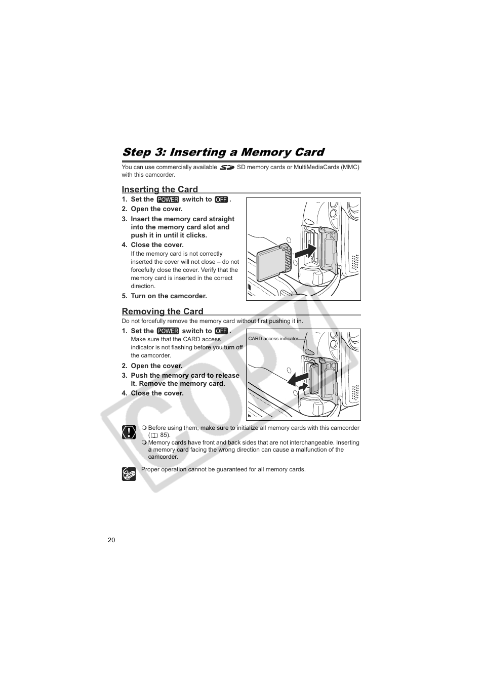 Inserting the card, Removing the card | Canon Elura 100 User Manual | Page 20 / 132