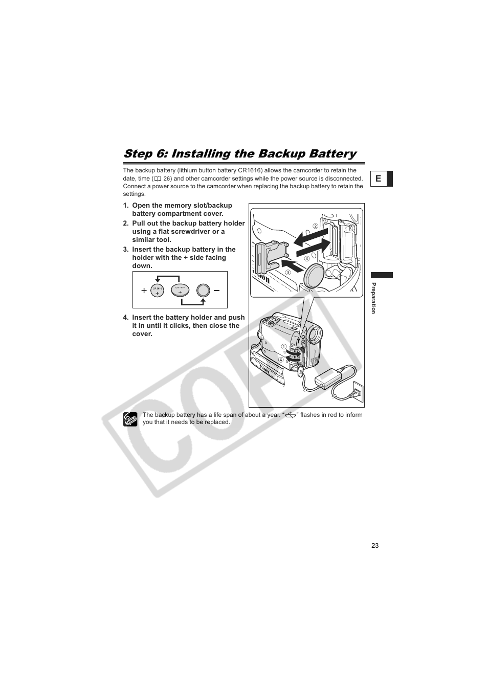 Step 6: installing the backup battery | Canon Elura 100 User Manual | Page 23 / 132