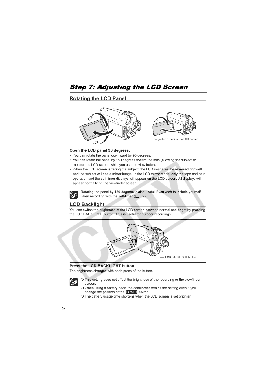 Step 7: adjusting the lcd screen, Rotating the lcd panel, Lcd backlight | Canon Elura 100 User Manual | Page 24 / 132