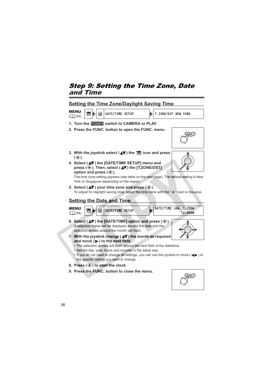 Step 9: setting the time zone, date and time, Setting the time zone/daylight saving time, Setting the date and time | Canon Elura 100 User Manual | Page 26 / 132