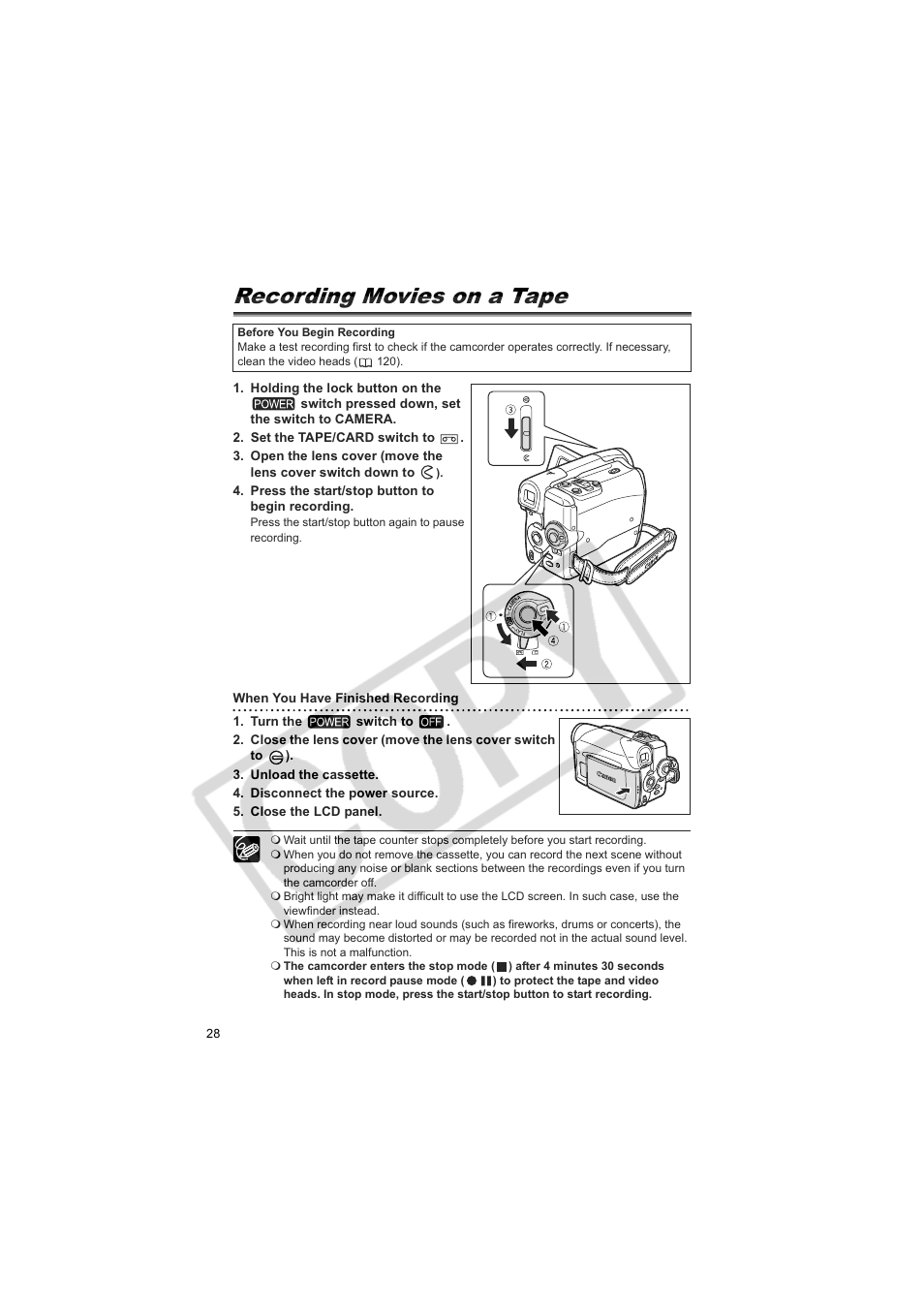 Recording movies on a tape | Canon Elura 100 User Manual | Page 28 / 132