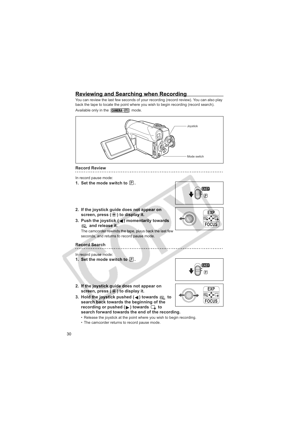 Reviewing and searching when recording | Canon Elura 100 User Manual | Page 30 / 132