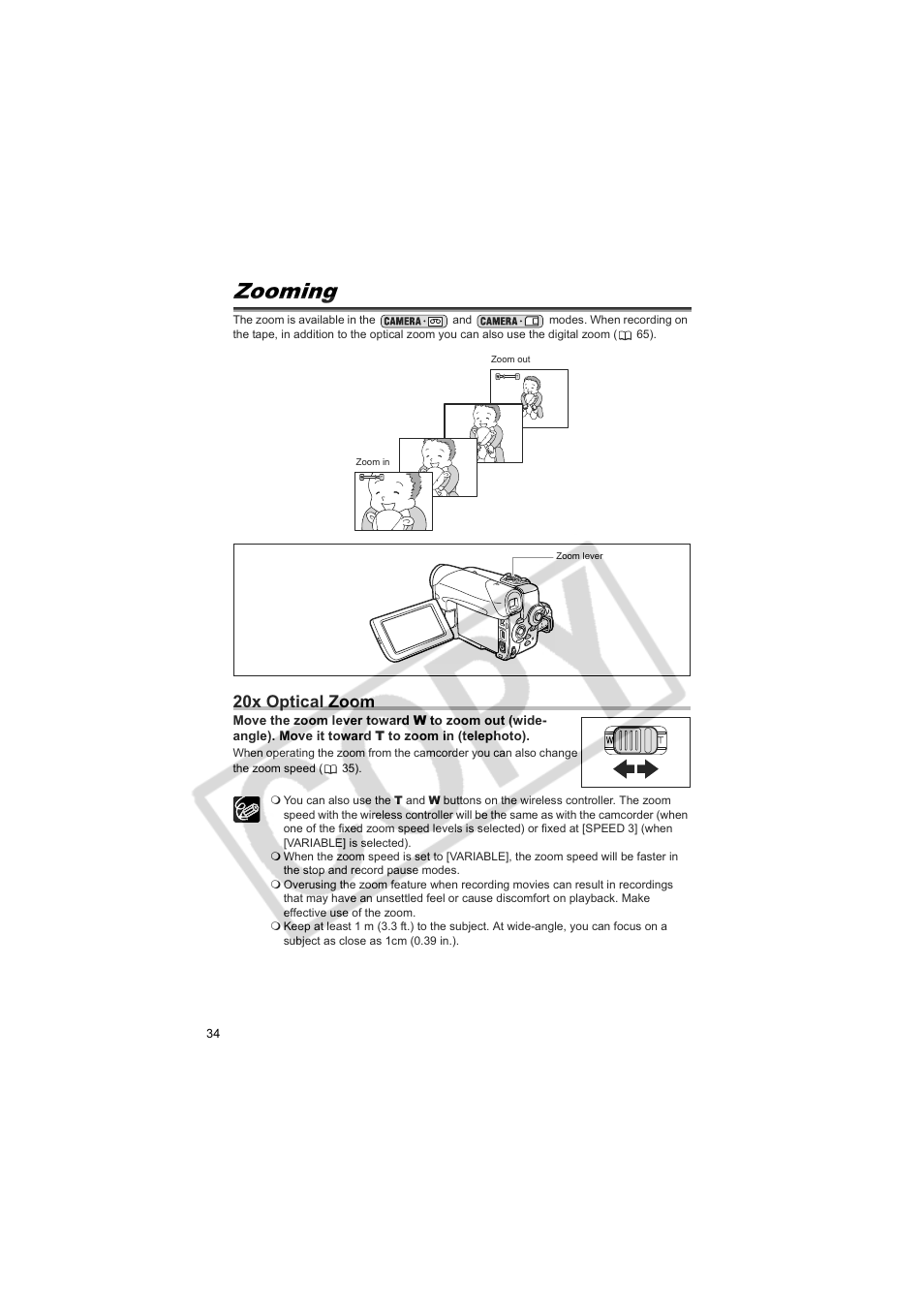Zooming, 20x optical zoom | Canon Elura 100 User Manual | Page 34 / 132