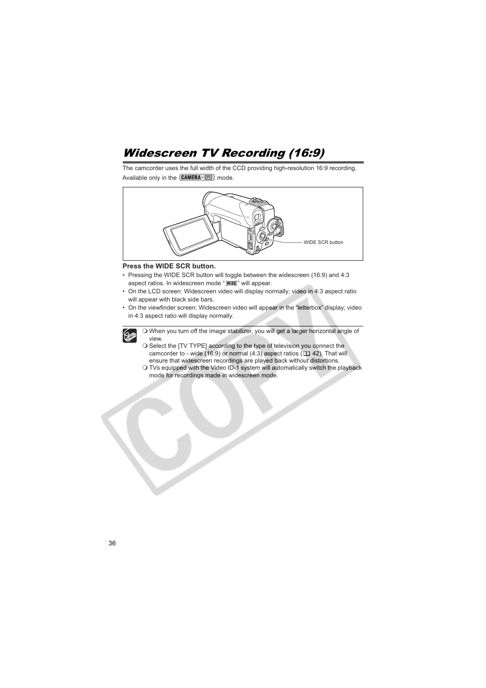 Widescreen tv recording (16:9) | Canon Elura 100 User Manual | Page 36 / 132