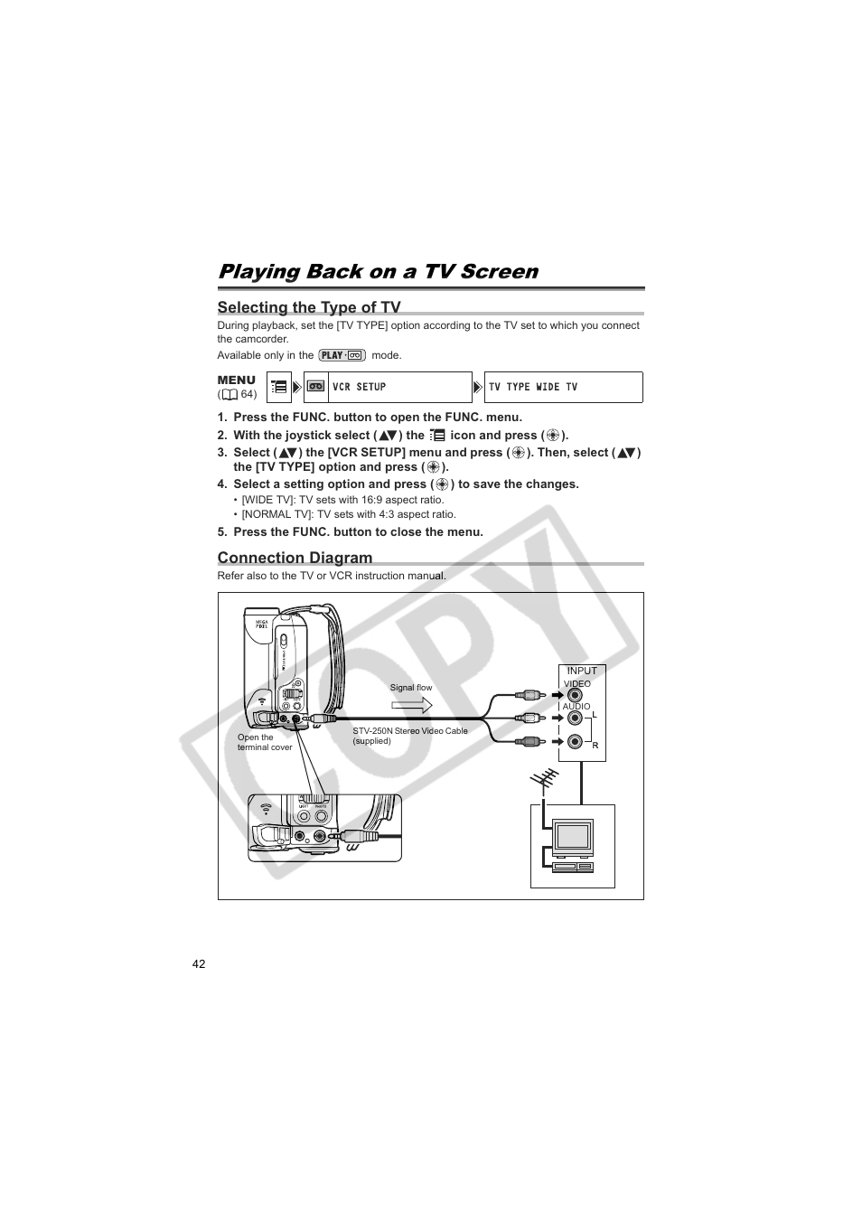 Playing back on a tv screen, Selecting the type of tv, Connection diagram | Canon Elura 100 User Manual | Page 42 / 132