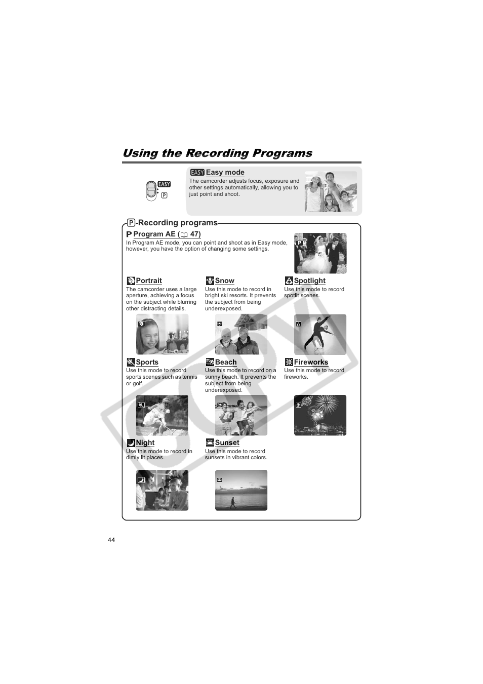 Using the recording programs | Canon Elura 100 User Manual | Page 44 / 132